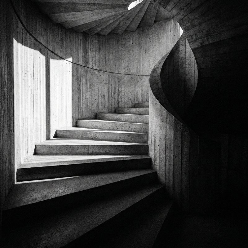 Brutalist concrete staircase, graphic geometric forms