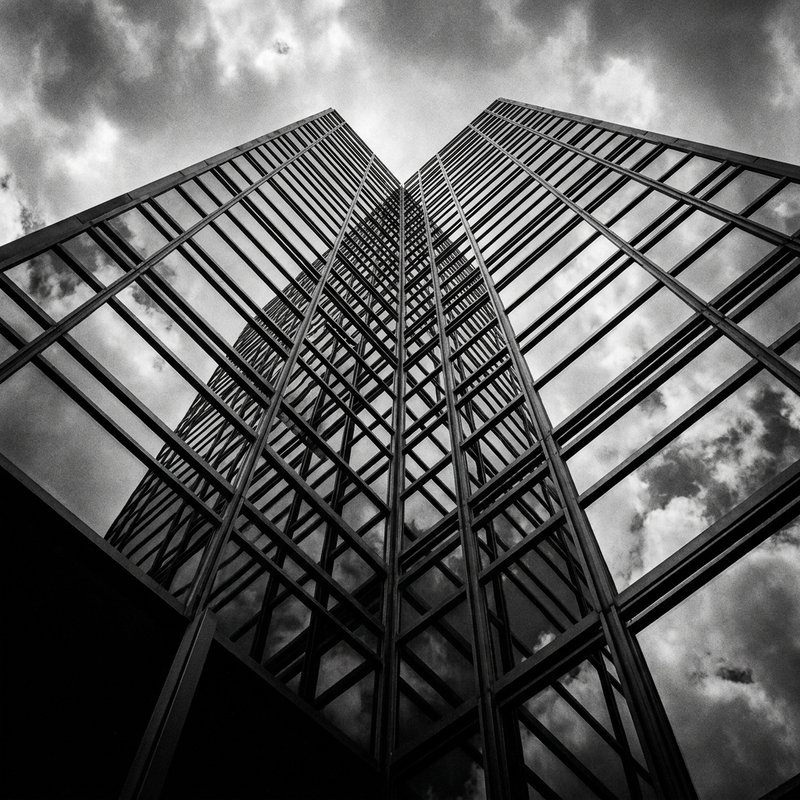 Modernist glass facade reflecting cloudy sky, geometric grid