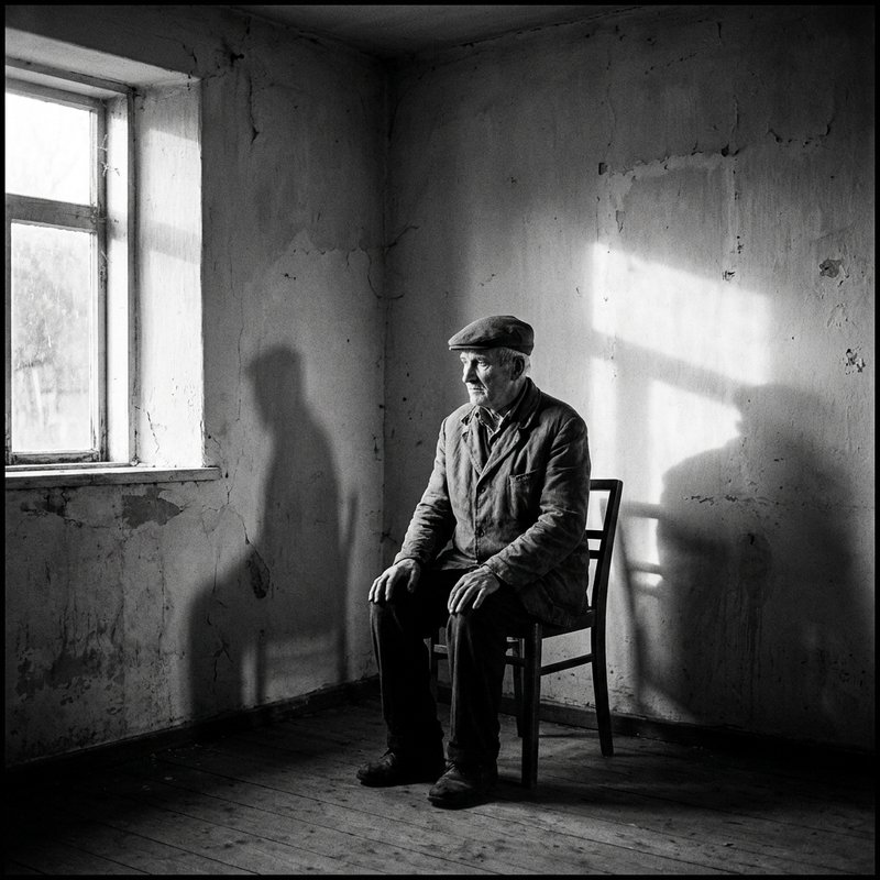 Documentary, elderly man in sparse room, window light