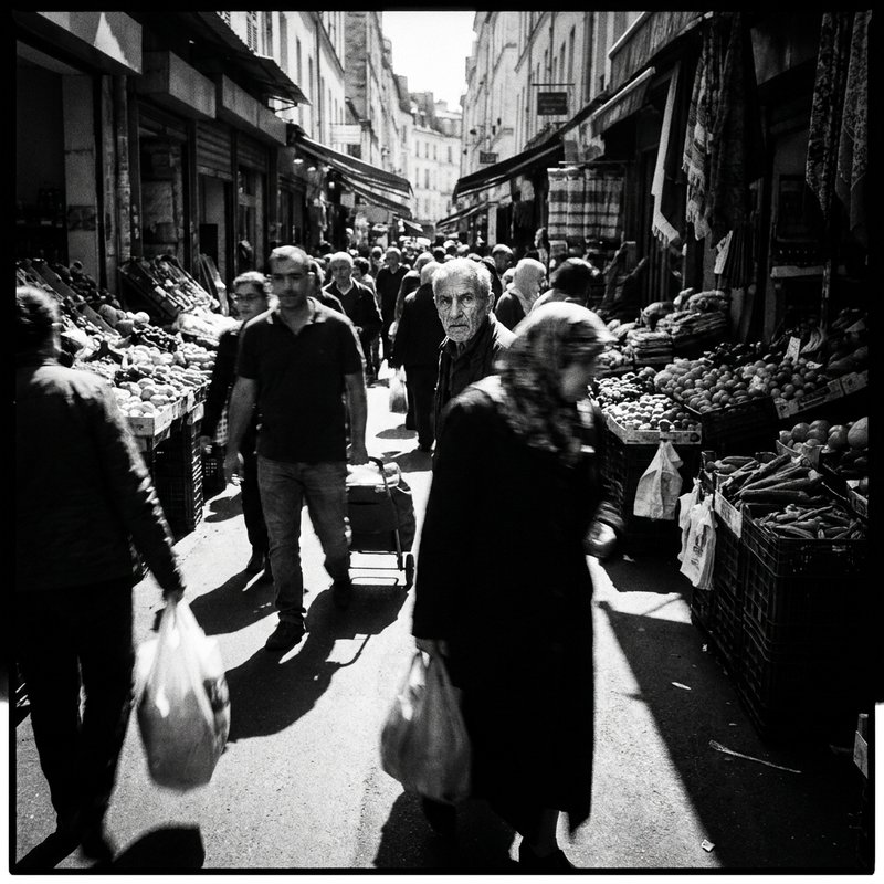 Street market, motion blur, one sharp face looking at camera